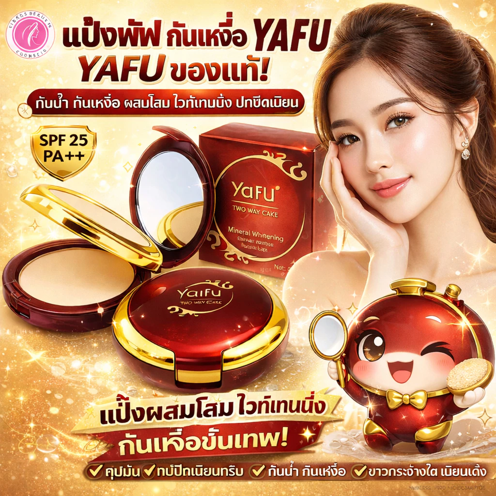 รับประกันของแท้ ยาฟู แป้งพัฟ yafu กันเหงื่อ YAFU มีเลขจดแจ้ง ตลับแดง 2ชั้น ผสมโสม ไวท์เทนนิ่ง ปกปิด