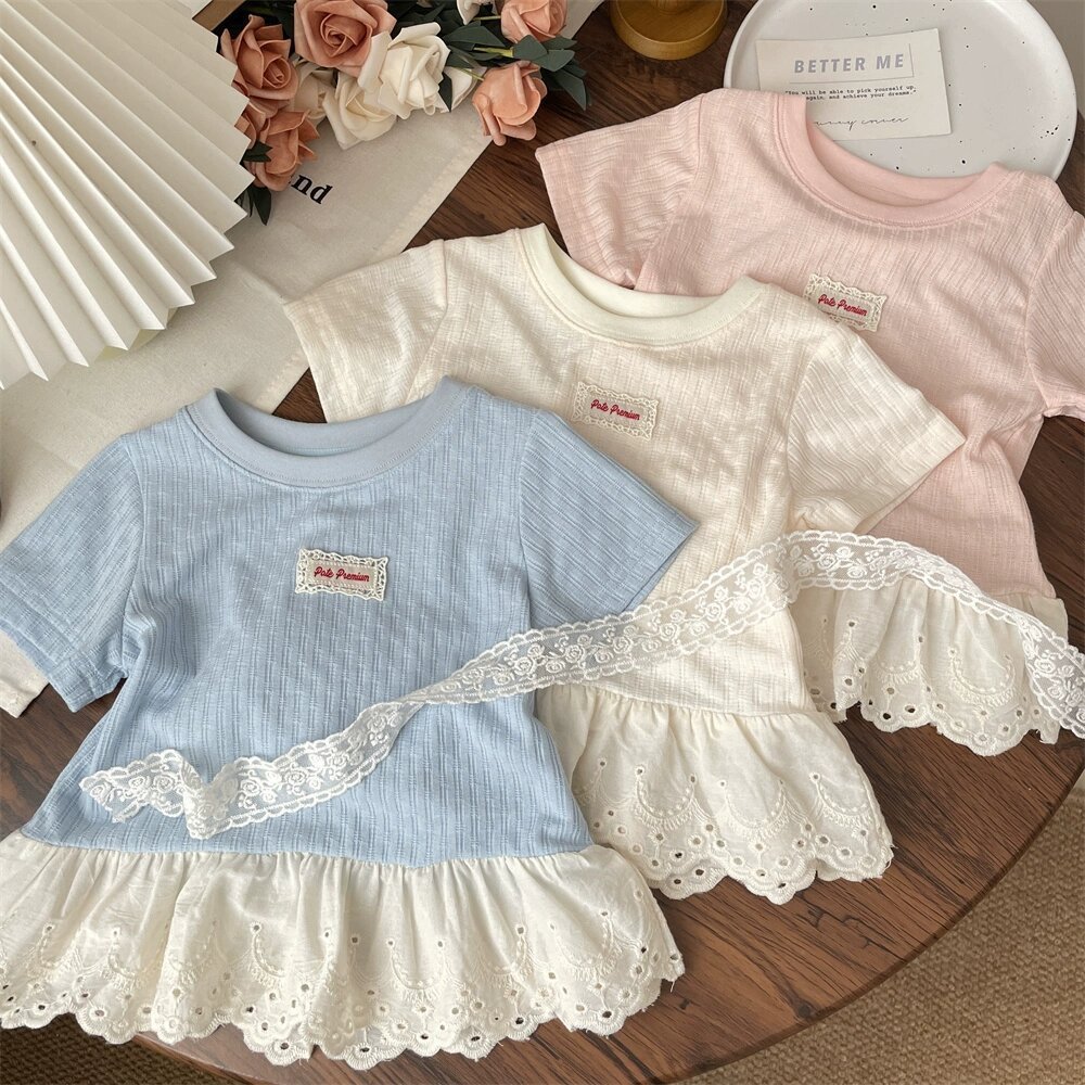 Babyonline(Y028) N6 (ส่งด่วน1วัน)เสื้อยืดแฟชั่นเด็กผู้หญิงชายเสื้อแต่งระบายผ้าลูกไม้ ผ้านุ่ม ใส่สบาย