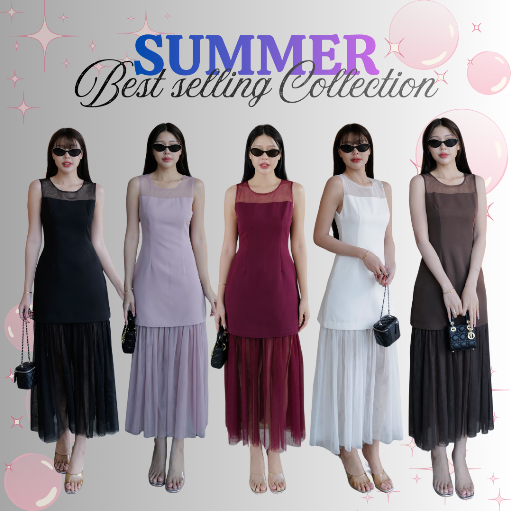 EVE  CLOTHING❣️  #5042 💕💕งานเดรสเก๋สวย ด้านบน ช่วงอกแต่งซีทรู เป็นซิปซ่อนด้านหลัง มีกระดุมด้านหลัง​(