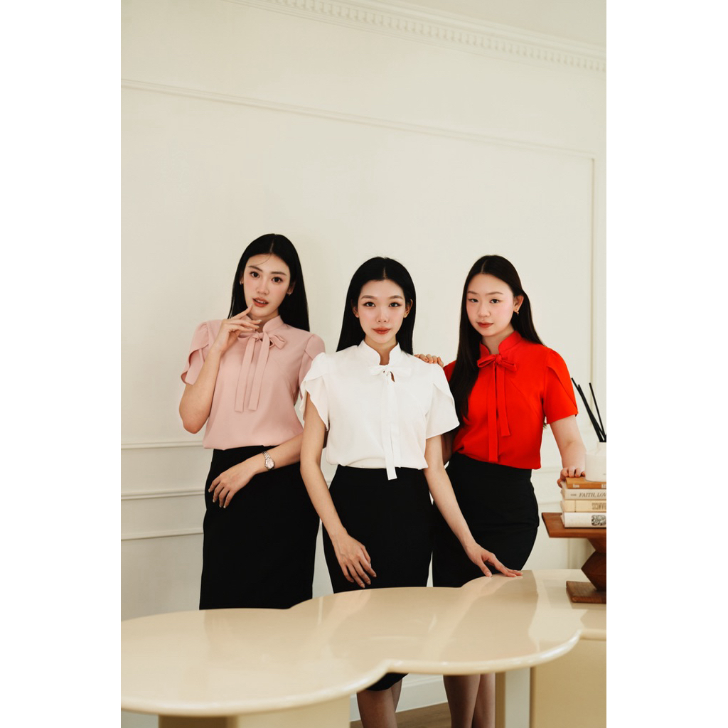 Lunar Bow Blouse 🪭🎀✨ เสื้อเบลาส์ เสื้อทำงาน เสื้อสมัครแอร์ เสื้อคอจีนผูกโบว์