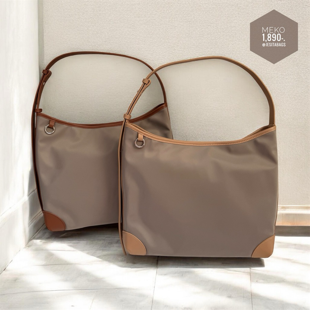 Jesitabags : Meko กระเป๋าสะพายผ้าไนลอนเคลือบกันน้ำ สายสะพายหนังวัวแท้