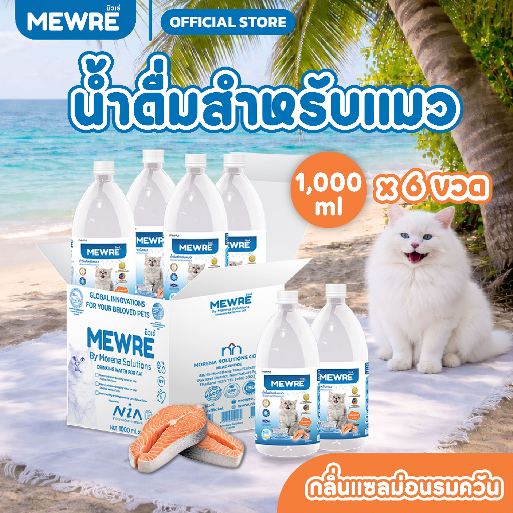 Mewre มิวเร่ •เซ็ตสุดคุ้ม 6 ขวด น้ำดื่มสำหรับแมว น้ำแมว กลิ่นแซลม่อนรมควัน ขนาด 1000ml. (S1000x 6)