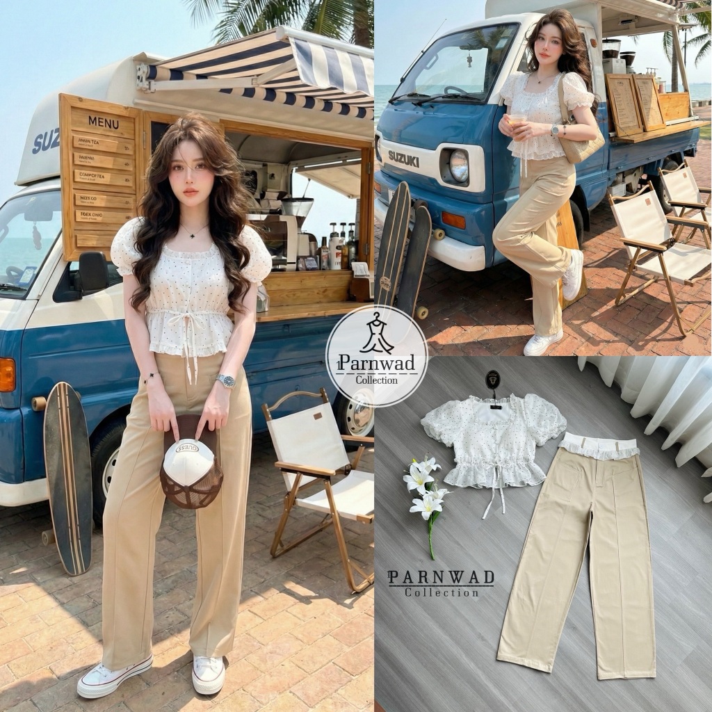 Parnwad Setเสื้อลายจุดคอเหลี่ยม+กางเกงสีน้ำตาลอ่อน - รูปที่ 6