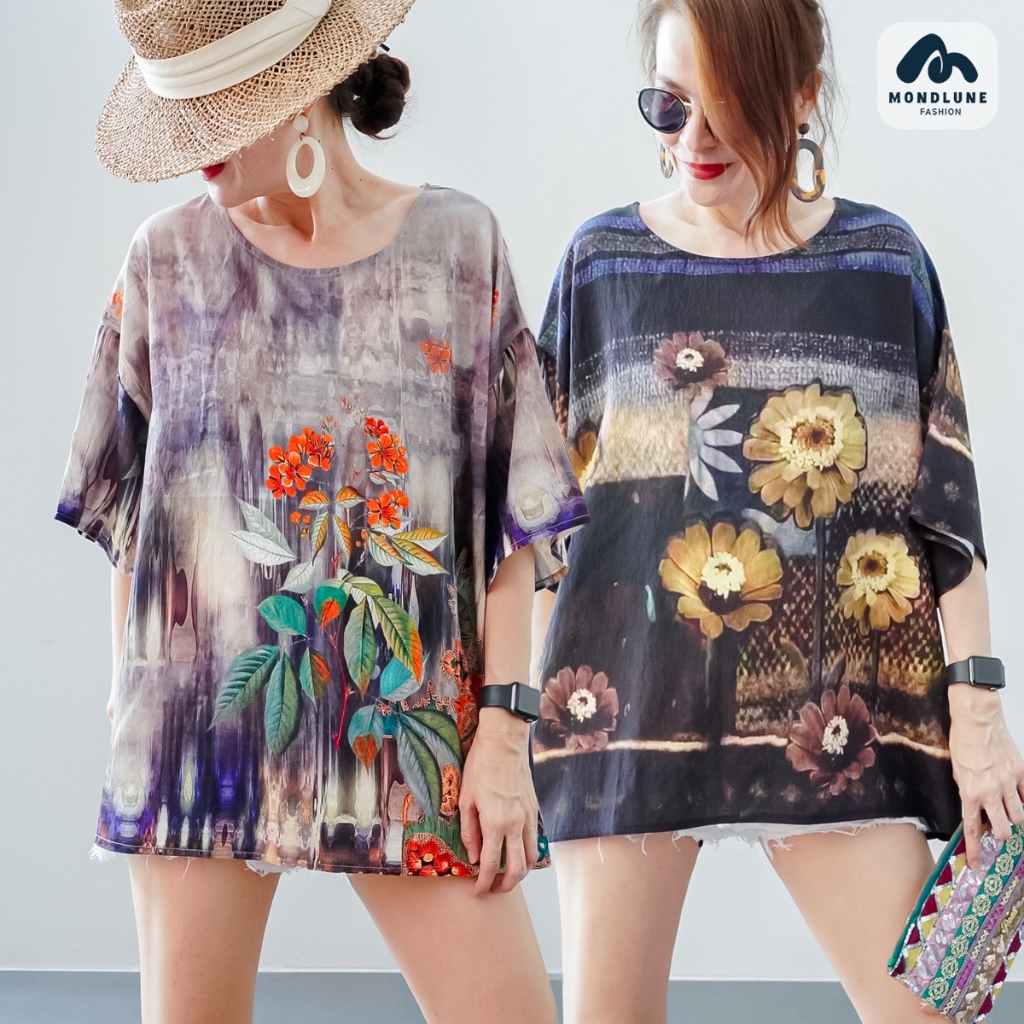 #3693 MondLune เสื้อเบลาส์คอกลม แขนสั้น โอเวอร์ไซส์ กระดุมหลัง 1 เม็ด ผ้าไหมเกาหลี พิมพ์ลายดอกไม้