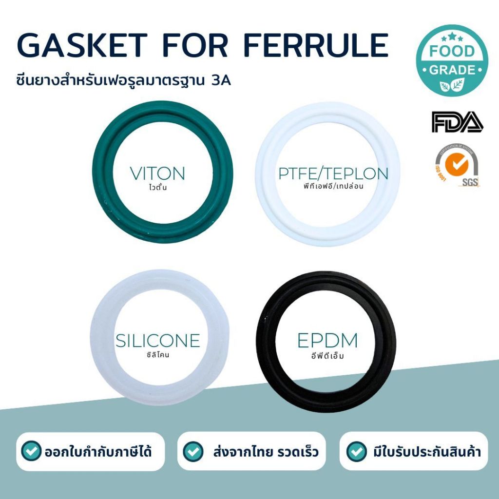 ปะเก็นยางสำหรับเฟอรูลมาตรฐาน 3A (FERRULE SILICONE/EPDM/VITON/PTFE GASKET)