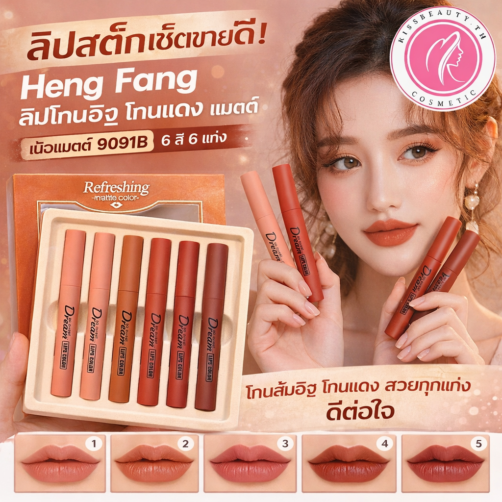 สินค้าขายดี Heng Fang lipstick แบบเซ็ท ลิปติก 6 ชิ้น โทนส้มอิฐ โทนแดง เนื้อแมต ได้หลายลุค 9091B