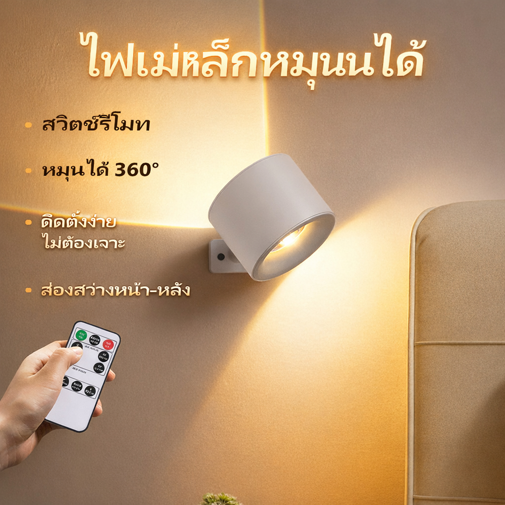 【โคมไฟหัวเตียง】ไฟติดผนังแม่เหล็ก ไร้สาย ชาร์จได้ แสงนุ่ม อ่านหนังสือได้ ไม่ต้องเจาะผนัง