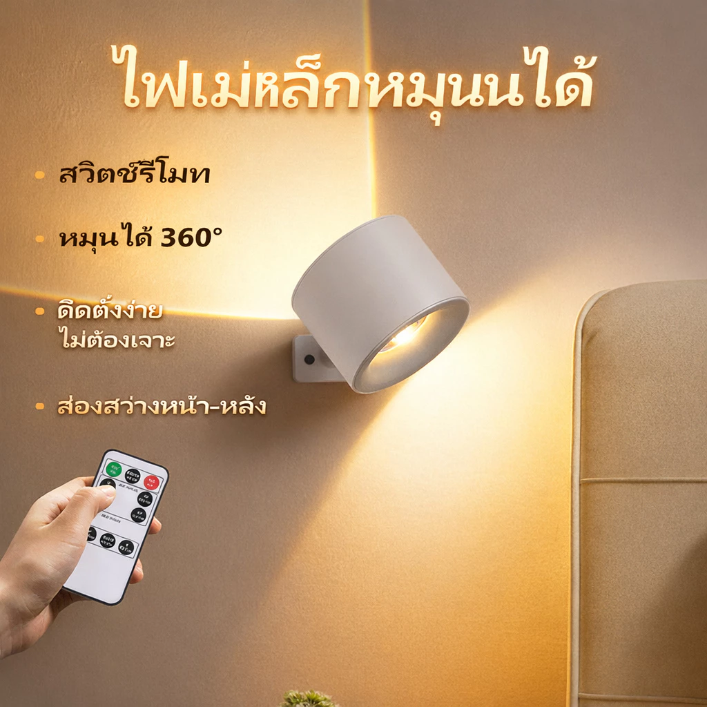 【โคมไฟหัวเตียง】ไฟติดผนังแม่เหล็ก ไร้สาย ชาร์จได้ แสงนุ่ม อ่านหนังสือได้ ไม่ต้องเจาะผนัง