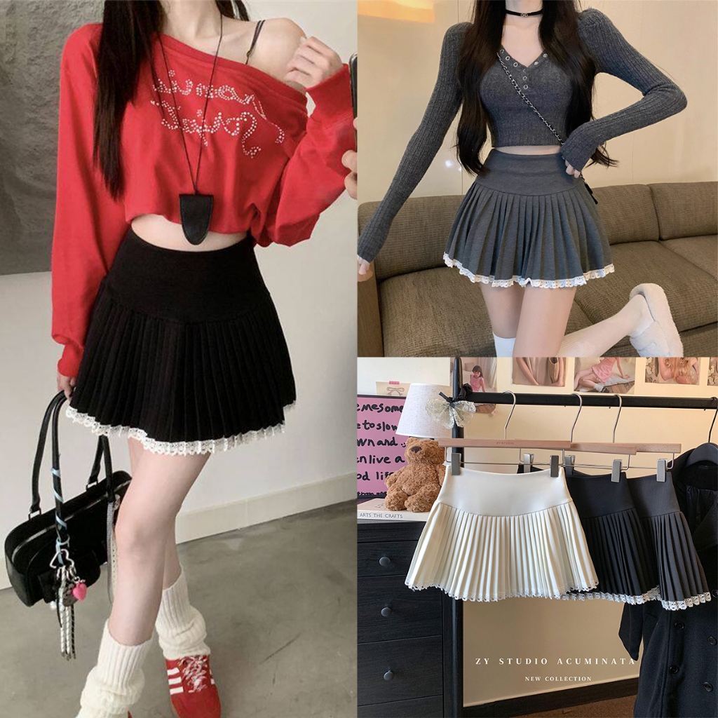 กระโปรงสั้น เอวสูง กระโปรงเทนนิส Pleated skirt ขอบลูกไม้ ผ้าคุณภาพสูง มีให้เลือกสองสี  มีซับในในตัว พร้อมส่ง