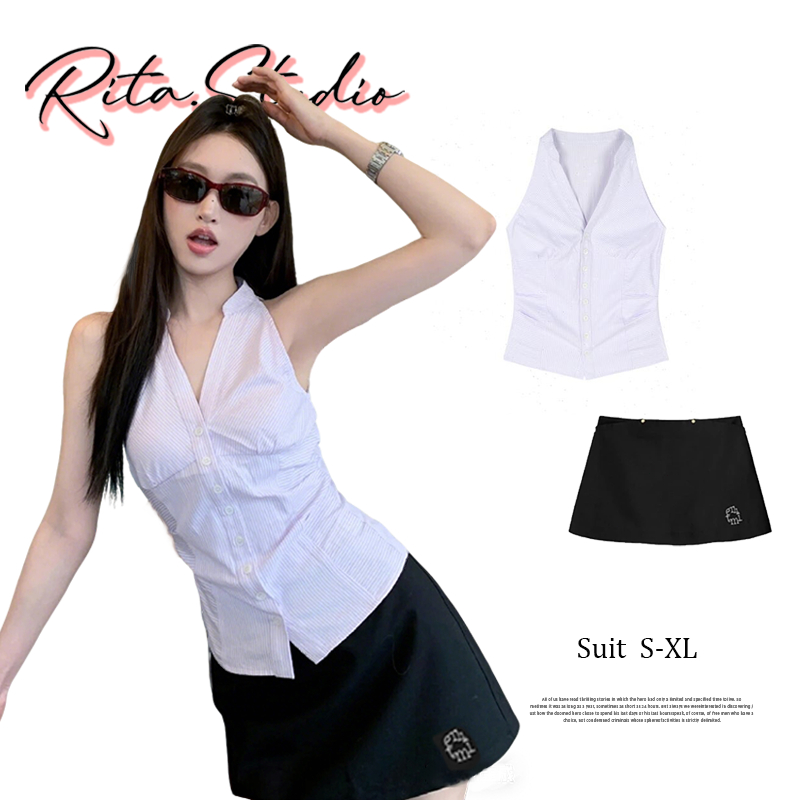 Rita พร้อมส่ง🍒เสื้อเชิ้ตแขนกุด ชุด2ชั้น คอวี ลายริ้ว สไตล์ลําลอง ปกกระดุมหน้า โชว์ไหล่ เสื้อครอปทรงรัดรูป สําหรับผู้หญิง