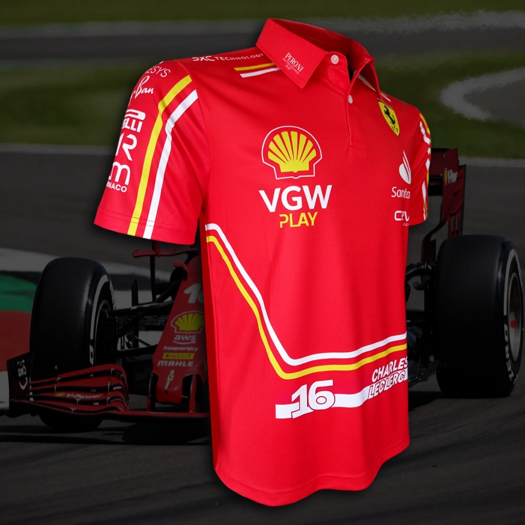 เสื้อโปโล ฟอร์มูลาวัน ทีม เฟอร์รารี่ เอฟวัน 2024  #FM0097รุ่น Charles Leclerc#16  พิมพ์ทั้งตัว ราคา ถูกที่สุด ดีลบีเคเค แกลเลอรีภาพที่ 3