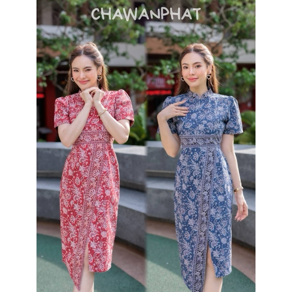 [S-3XL] N684 ชุดเดรสผ้าคอตตอน พิมพ์ลายปาเต๊ะ คอจีน ผ่าหน้าชายกระโปรงเฉลียง