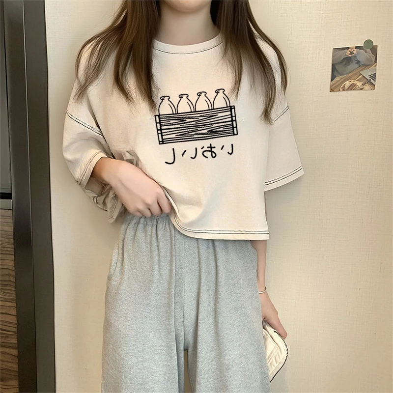 เสื้อครอปผู้หญิงน่ารัก oversize เสื้อผ้าสาวอวบแฟชั่นฤดูร้อนใหม่ เสื้อยืดวินเทจผู้หญิงกําลังฮิตใหม่ล่าสุด ผ้าใส่สบายคุ