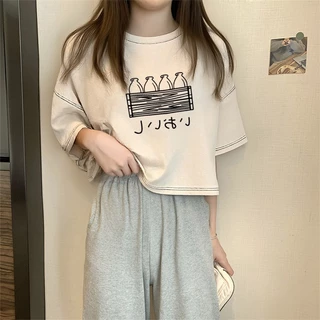 เสื้อครอปผู้หญิงน่ารัก oversize เสื้อผ้าสาวอวบแฟชั่นฤดูร้อนใหม่ เสื้อยืดวินเทจผู้หญิงกําลังฮิตใหม่ล่าสุด ผ้าใส่สบายคุ