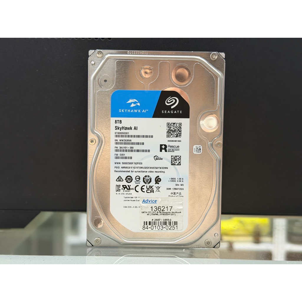 8tb 8 TB 3.5 INCH HDD (ฮาร์ดดิสก์ 3.5 นิ้ว) SEAGATE SKYHAWK AI - SATA3 (ST8000VE001) cache 256mb ประ