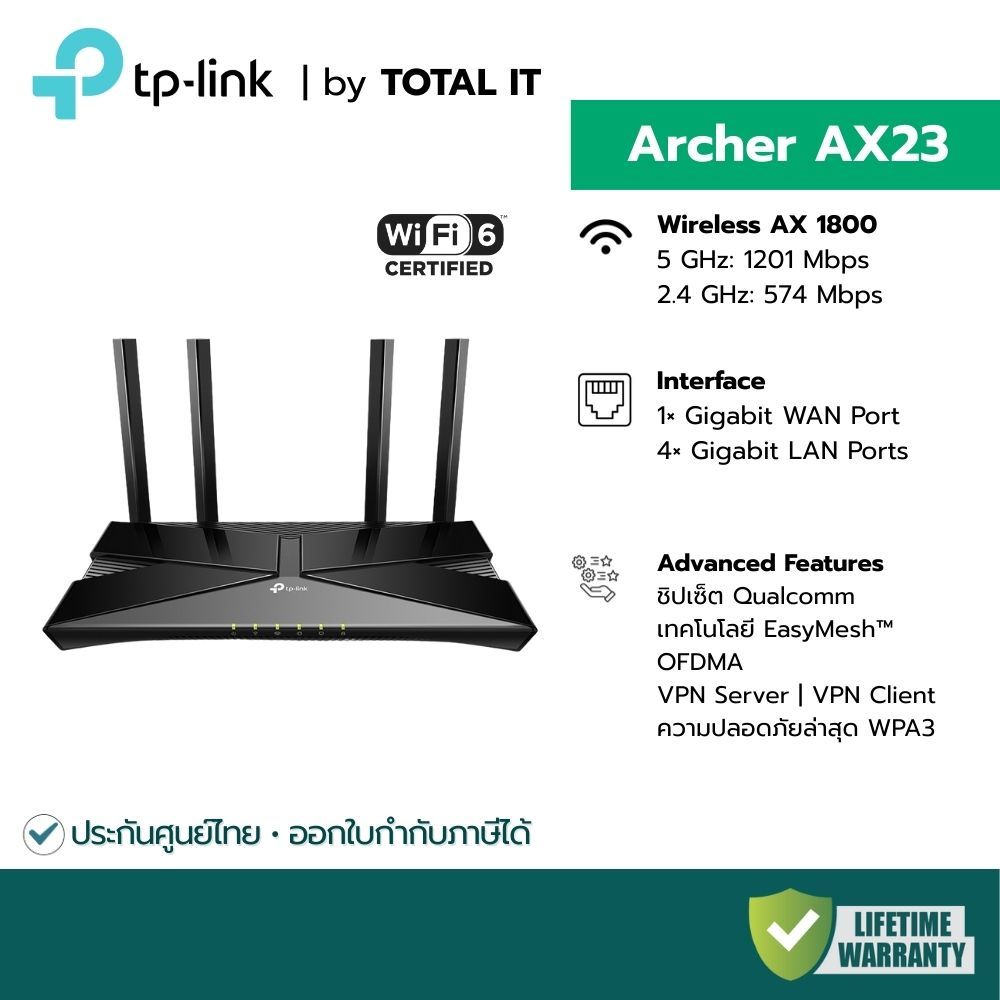 TP-Link Archer AX23 Router WiFi 6 AX1800 | ชิป Qualcomm | Gigabit Port | รองรับ EasyMesh