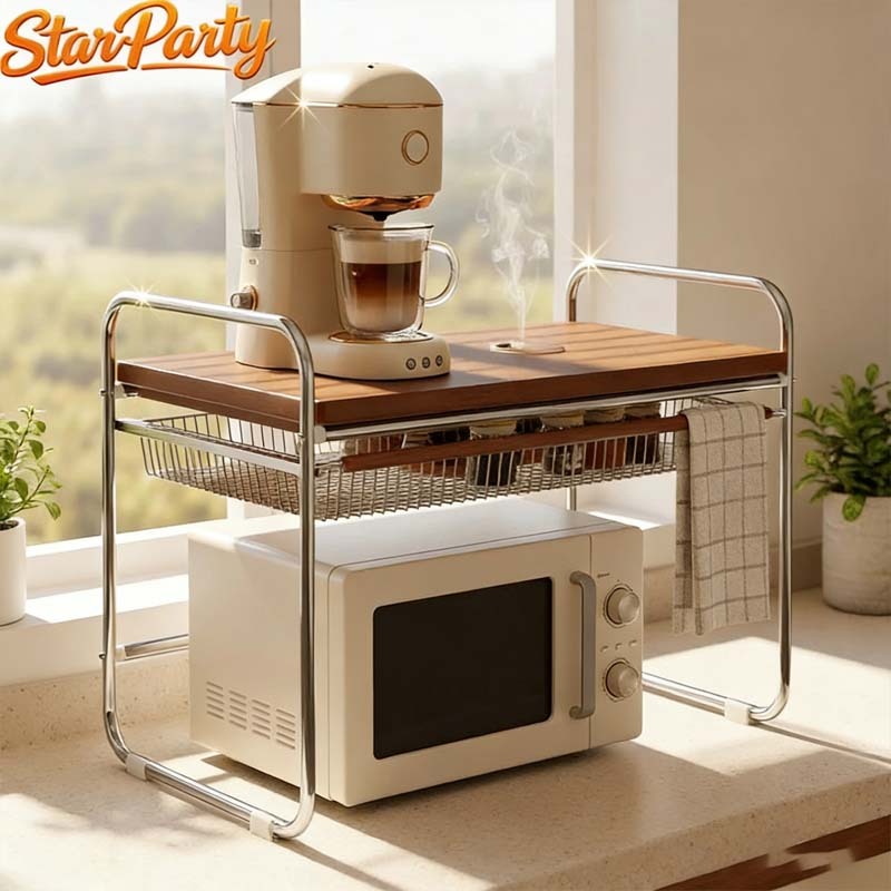 StarParty Kitchen ชั้นวางไมโครเวฟ 2 ชั้น วางเตาอบได้ แผ่นไม้กันน้ำ สวยแพง แข็งแรง ไม่สั่น วัสดุสแตนเลส