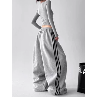 [Embroidery, striped casual pants]สไตล์อเมริกันวินเทจผู้หญิงเย็บปักถักร้อยเทรนด์สบาย ๆ ลายกางเกงขากว้าง