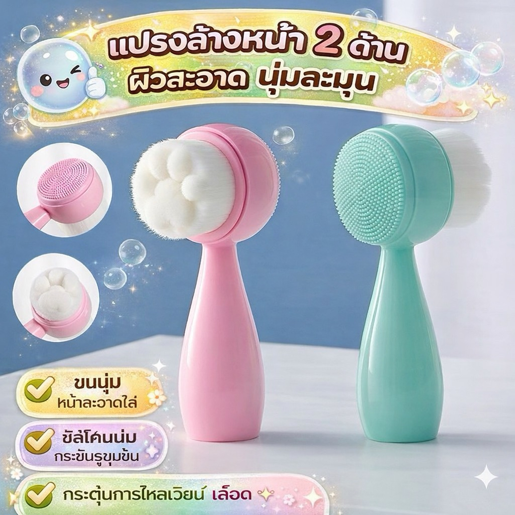 แปรงล้างหน้าและนวดหน้า 2 ด้าน ขนอ่อนนุ่ม สีชมพู ทำความสะอาดผิวหน้า