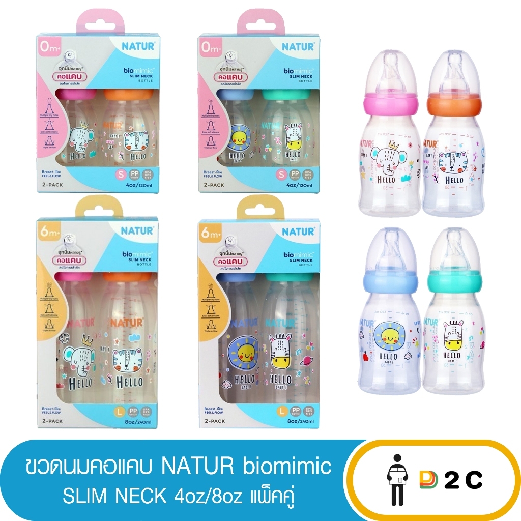 [แพ็คคู่] NATUR ขวดนมคอแคบ ไบโอมิมิค 2oz/4oz/8oz (คละลาย) เนเจอร์