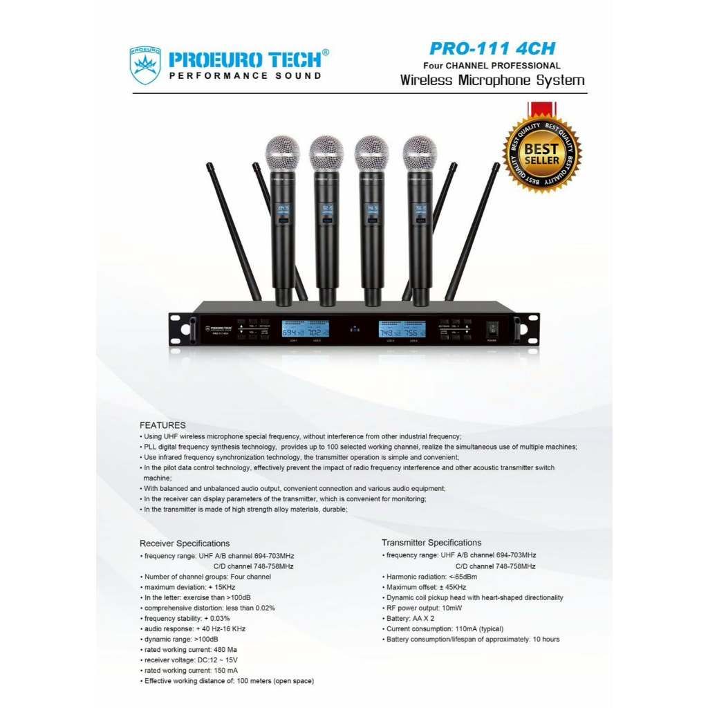 PROEUROTECH PRO-111 4 CHไมค์ลอยถือคู่ ปรับคลื่นUHFแท้ มีไมค์4ตัว