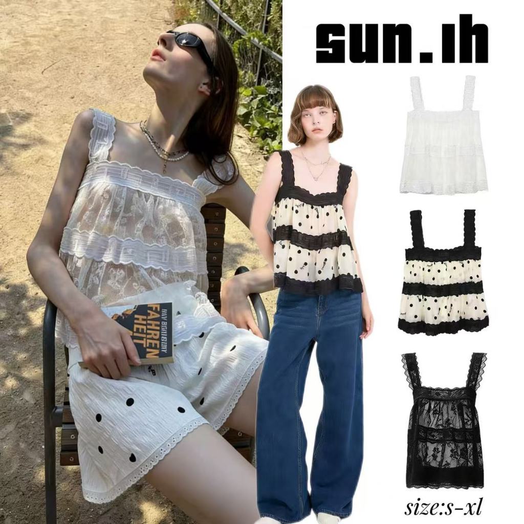 SUN🛍️พร้อมส่ง🛍️เสื้อสายเดี่ยวผ้าลูกไม้เนื้อนุ่ม หวาน และใส่สบาย