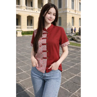 เสื้อผ้าไทยสินค้ามาใหม่ แต่งลายผ้าทอเนื้อผ้าฝ้ายนุ่มใส่สบาย