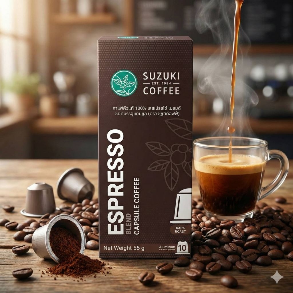 SUZUKI COFFEE  ESPRESSO BLEND (Dark Roast)กาแฟแคปซูลเอสเปรสโซ เบลนด์​ 10​ แคปซูล