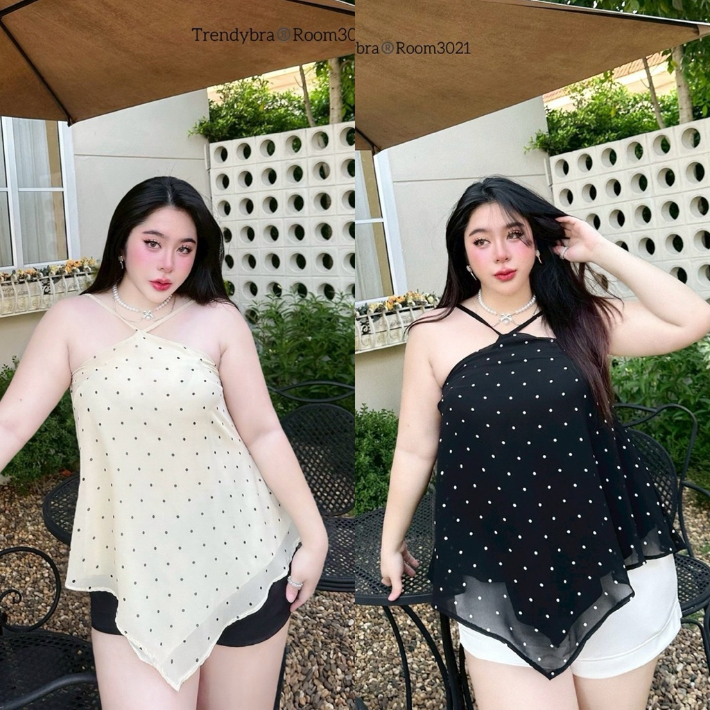 /TB/ สายเดี่ยวHiso ทรงวี Polka Dot มีไซส์อก40-52 ผ้าชีฟอง มีซับใน ใส่สวยพรางหุ่น #พลัสไซส์