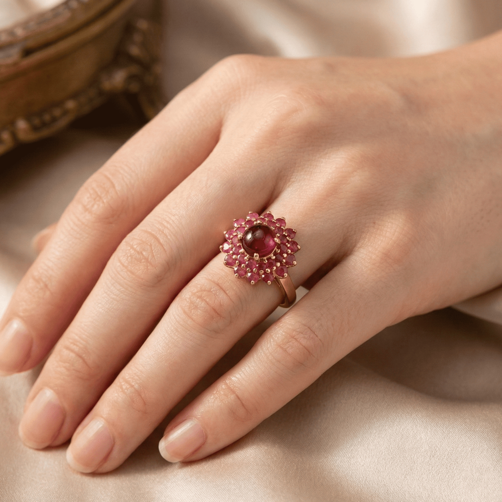 แหวนพลอยทับทิม(Natural Ruby)ล้อมด้วยพลอยทับทิมพม่า เรือนเงินแท้ 92.5% ชุบทอง ไซส์นิ้ว 53 หรือเบอร์ 6.5US สินค้ามีใบรับปร