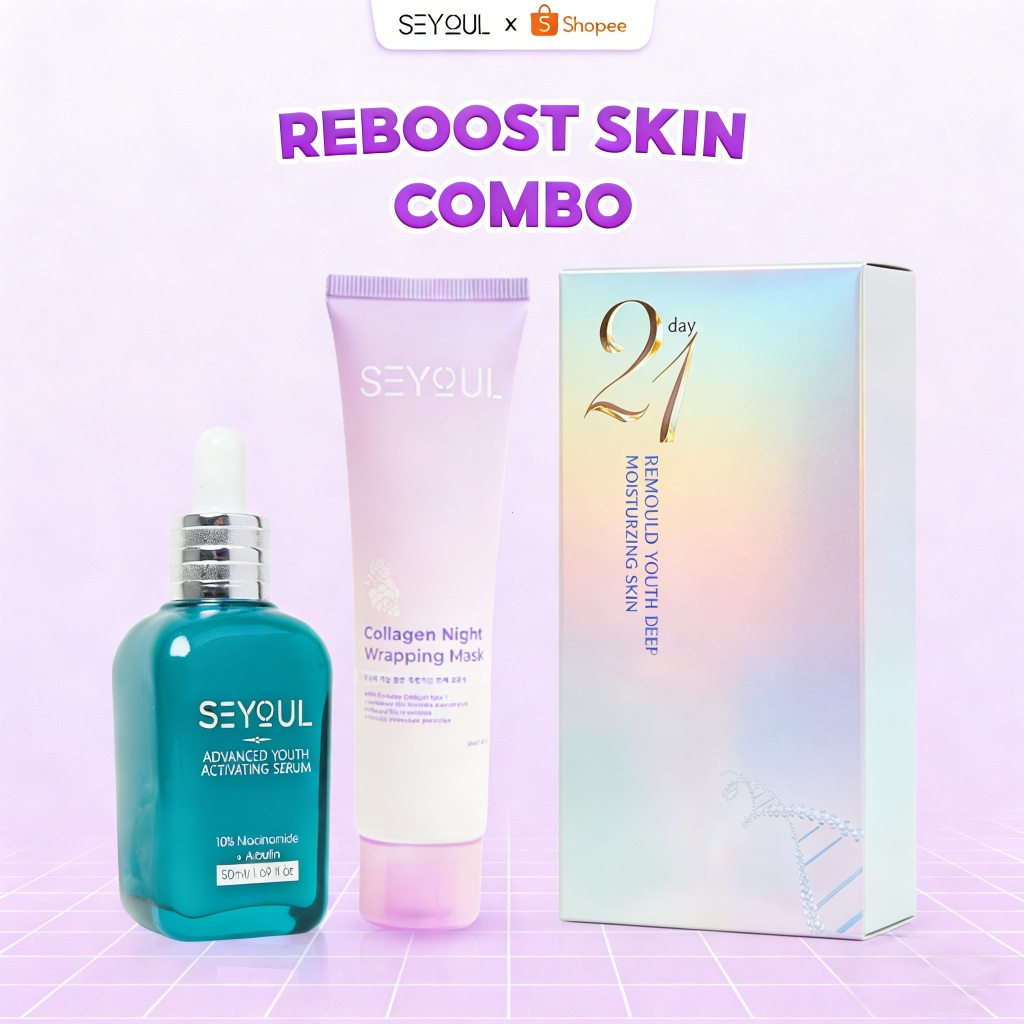 ชุด SEYOUL Glow : เซรั่มต้านวัย 50ml & เซรั่มบำรุงผิวฟื้นฟู 21 วัน & มาส์กขจัดเซลล์ผิวเก่าคอลลาเจน ลดจุดด่างดำ