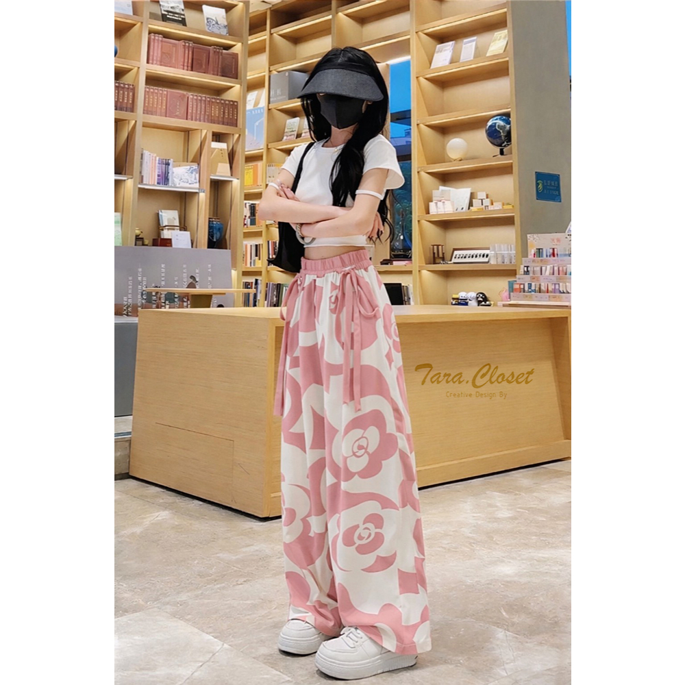 COM516 TARA Pants กางเกงลายดอกไม้ เอวยางยืด ผูกโบว์ข้าง ทรงขากระบอกใหญ่ เนื้อผ้าไหมอิตาลีพิมพ์ลายดิจิตอล ผ้าดี ลายคมชัด