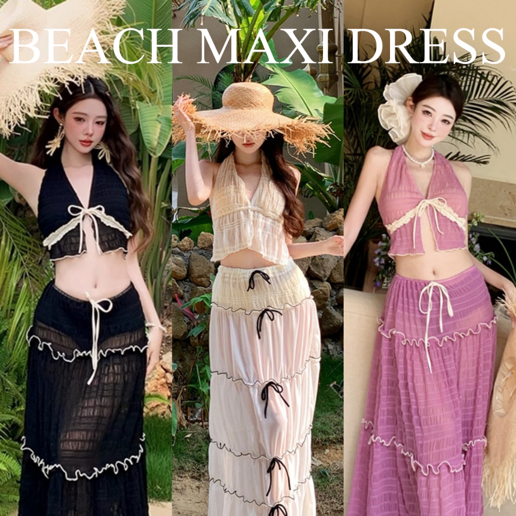 ชายหาด ผ้าชีฟอง ดีเทลโบว์ เซ็กซี่ หวาน มีให้เลือก 3 สี เดรสยาว สไตล์เรโทร ส่งไวจากไทย