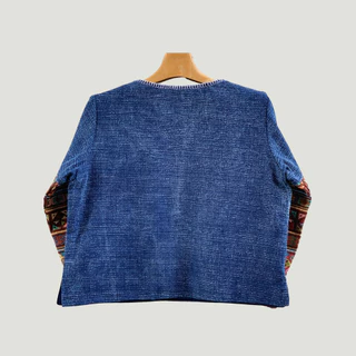 เสื้อใบปอผ้าฝ้ายชินมัยสโตนวอช คอกลมแขนยาวแต่งผ้าทอลายอาข่า สไตล์พื้นเมือง ใส่สบาย มีขนาด 36-44 นิ้ว