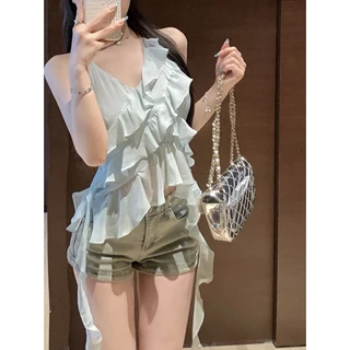 Hot 'พร้อมส่ง' เสื้อสายเดี่ยวขอบบัวใบไม่สม่ำเสมอสีฟ้าแขนกุดเปิดกลับท็อปส์ FY3038