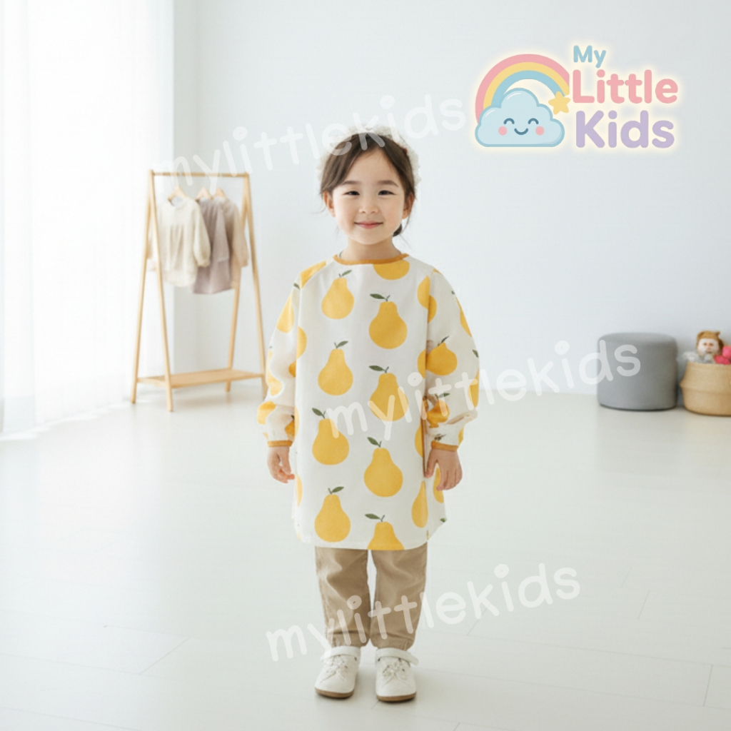 Apron ลายลูกแพร์ ผ้ากันเปื้อนเด็ก 90-120 cm แขนยาว ชุดเอี๊ยมกันเปื้อน ทำอาหาร เรียนศิลปะ กันน้ำแห้งไว ปลอดภัย เนื้อผ้าดี