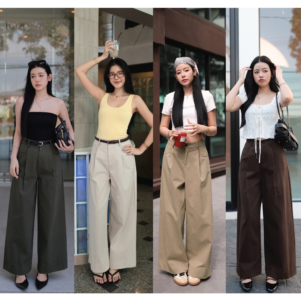 N7901 WIDE LEG PLEATED PANTS -มี 4 สี : สีน้ำตาล, สีเบจเทา, สีน้ำตาลเข้ม, สีเทาอมเขียว  - NUMBERSEVEN