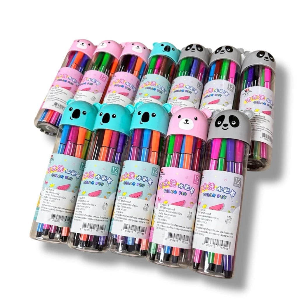 (แพค12กระปุก) ปากกาสีเมจิก มี 12 สี ลายหมีคชะสี ราคาส่ง