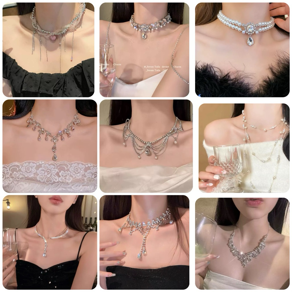 สร้อยคอไหปลาร้าฝรั่งเศส สร้อยคอแบบเดรส สร้อยคอไข่มุกเพชร
