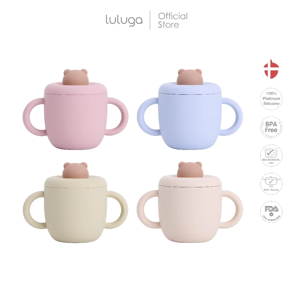 Luluga แก้วหัดดื่มซิลิโคน Bear แก้วน้ำเด็กพร้อมหลอด ฝาปิดกันหก Platinum Silicone BPA Free สำหรับเด็ก 6 เดือน+ ฝึกทาน BLW