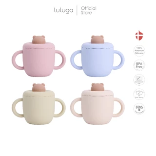 Luluga แก้วหัดดื่มซิลิโคน Bear แก้วน้ำเด็กพร้อมหลอด ฝาปิดกันหก Platinum Silicone BPA Free สำหรับเด็ก 6 เดือน+ ฝึกทาน BLW