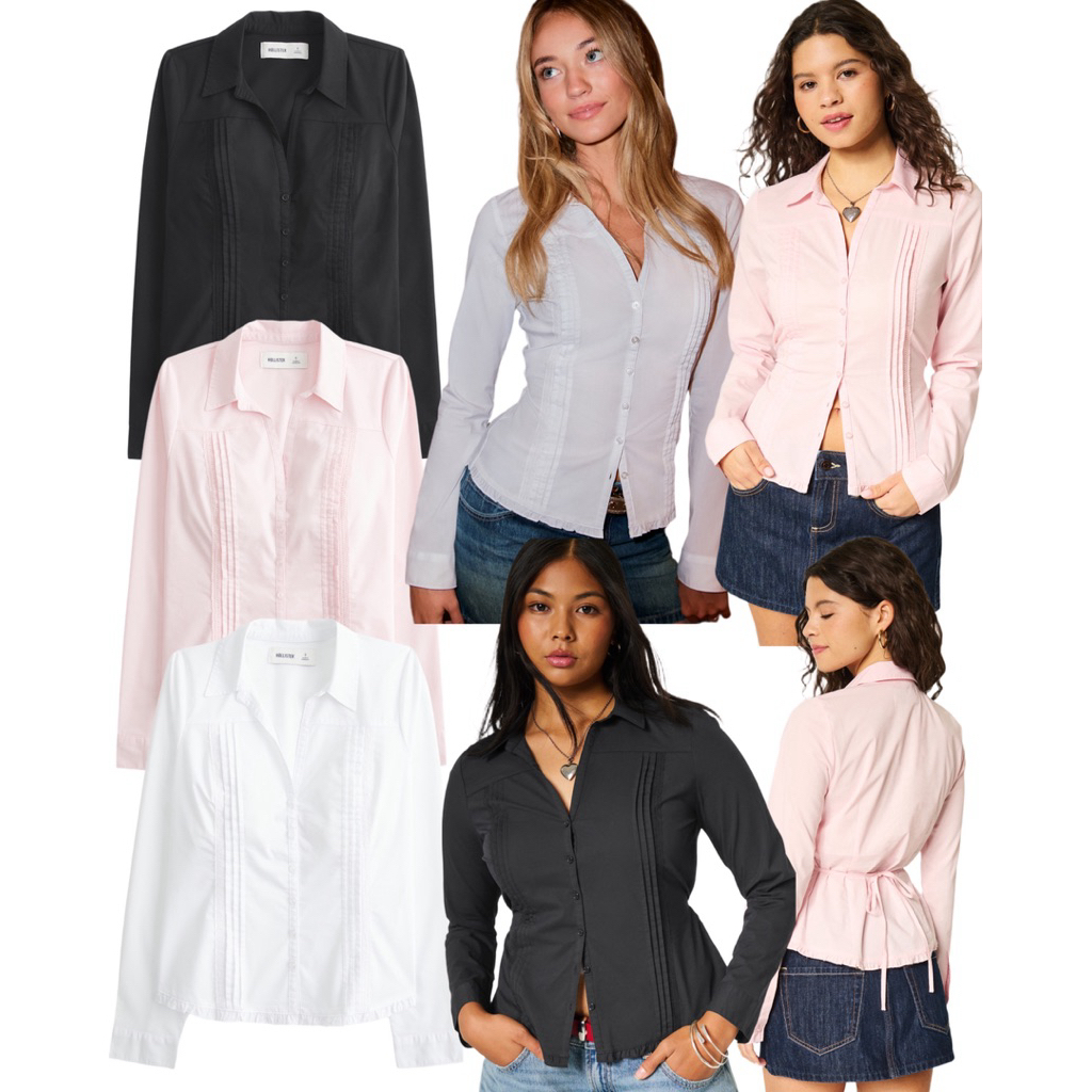 (ของแท้💯) Hollister lace inset button though shirt เสื้อเชิ้ตแขนยาว ผูกหลัง ทรงเข้ารูป