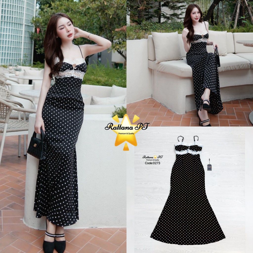 Rattana เดรสยาวสายเดี่ยวแต่งลูกไม้ช่วงหน้าอก-black(*สอบถามสต๊อกก่อนกดสั่งน๊า)
