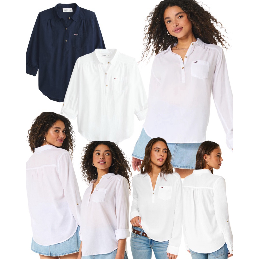 (ของแท้💯) Hollister lightweight cotton popover shirt เสื้อเชิ้ตแขนยาว ผ้าฝ้ายเนื้อพิเศษ น้ำหนักเบา