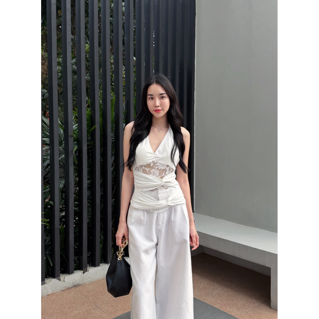 FASHION.NNN เสื้อคล้องคอ ดีไซน์ลายลูกไม้ผ้าทวิส ทรงสวยสำหรับผู้หญิง