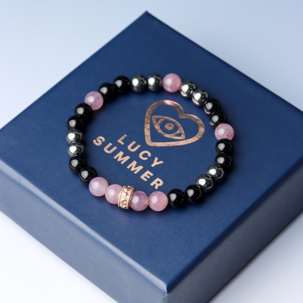 LUCYSUMMER กำไลข้อมือหินแท้ Black Pink - Rose Quartz , Hematite และ Onyx ขนาด 6 มม. พร้อมตัวคั่น Spacer