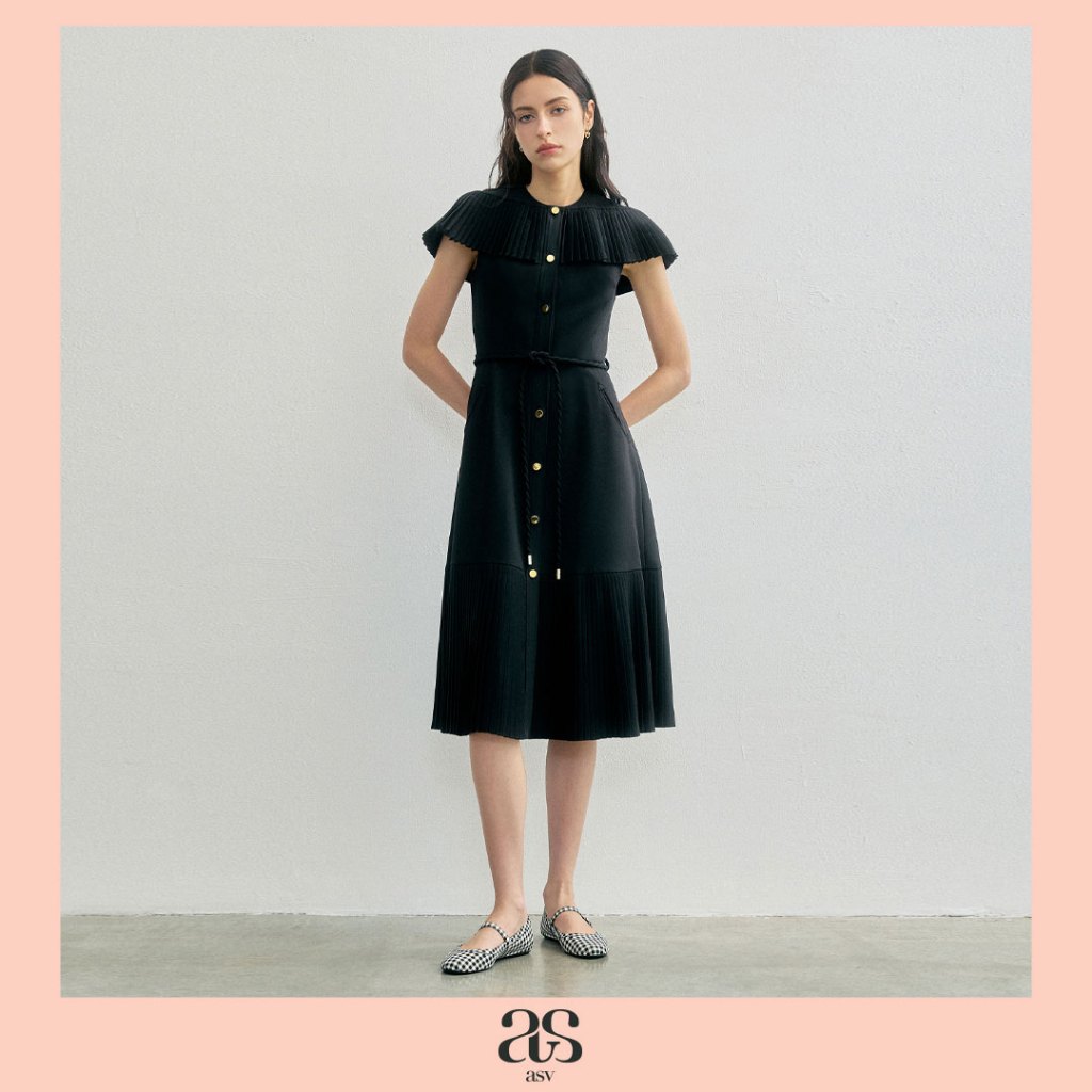 [asv rs26] Joleane Midi Dress เดรสผู้หญิง แขนกุด แต่งเคปดีเทลอัดพลีต กระโปรงทรงเอ แต่งชายพลีต กระดุมหน้า