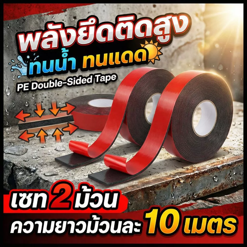 [เซท2ม้วน] เทปกาว2หน้า ยาวม้วนละ10ม. โฟมหนา 1มม. ติดแน่นหนึบ ทนน้ำ ทนร้อน คุ้มทั้งงานรถและบ้าน
