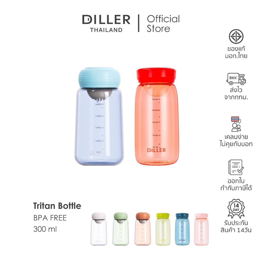 Diller Thailand Tritan Flask 300/380 ml. ขวดน้ำฝาหมุน ยกดื่มง่าย ปราศจาก BPA และ Phthalates ส่งจากกทม. ( D44 / D2429 )