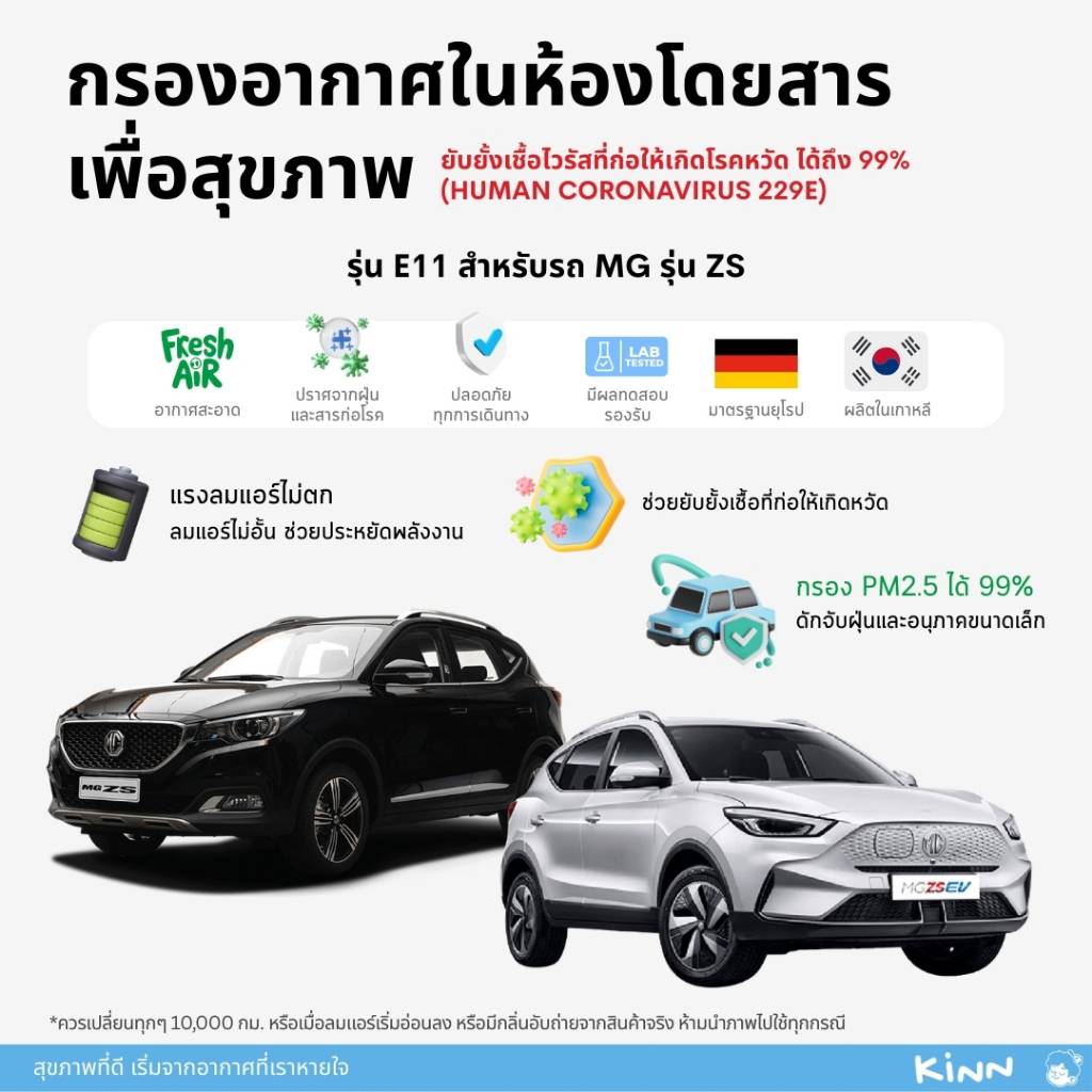 [PM2.5+ไวรัส] กรองแอร์ MG ZS เพื่อสุขภาพ Kinn รุ่น E11 ผลิตและนำเข้าจากประเทศเกาหลี มาตรฐานสากลมีผลทดสอบรับรอง